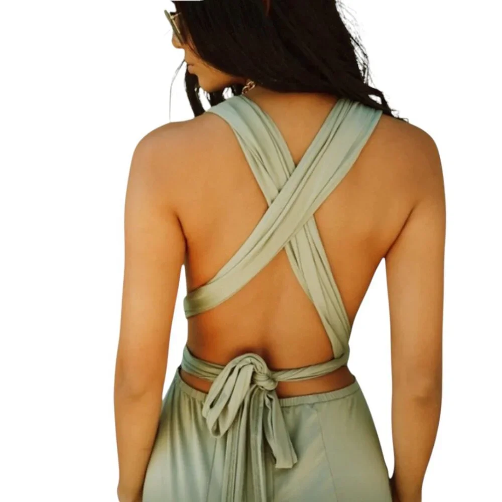 NEW 12th TRIBE HALTER JUMPSUIT FLOWY WIDE LEG BODYCON BADDIE FESTIVAL SML - Picture 2 of 6